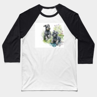 Two Black Miniature Schnauzers Playing Watercolour Painting Baseball T-Shirt